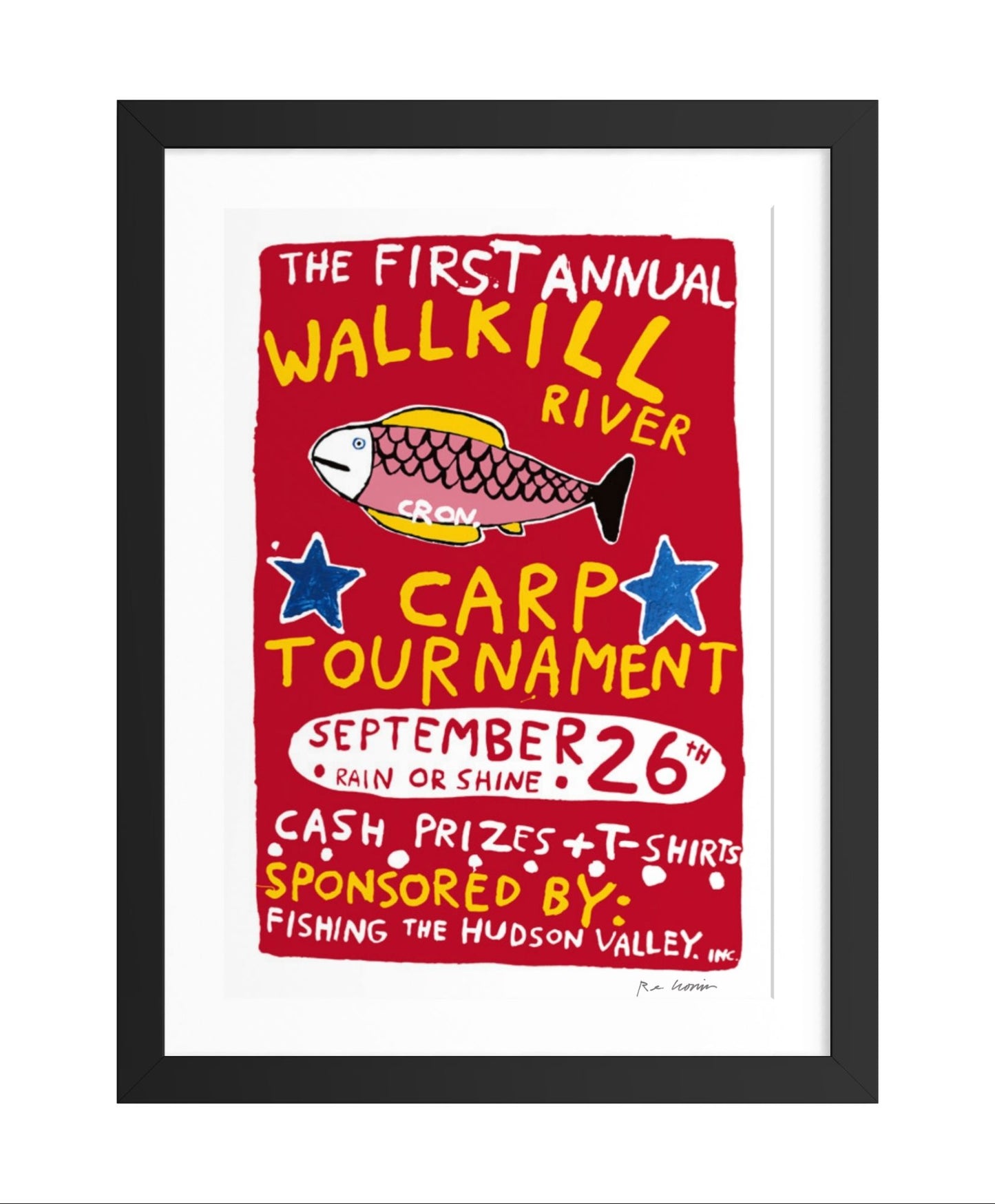 Framed poster for the First Annual Wallkill River Carp Tournament with a red background and colorful text.