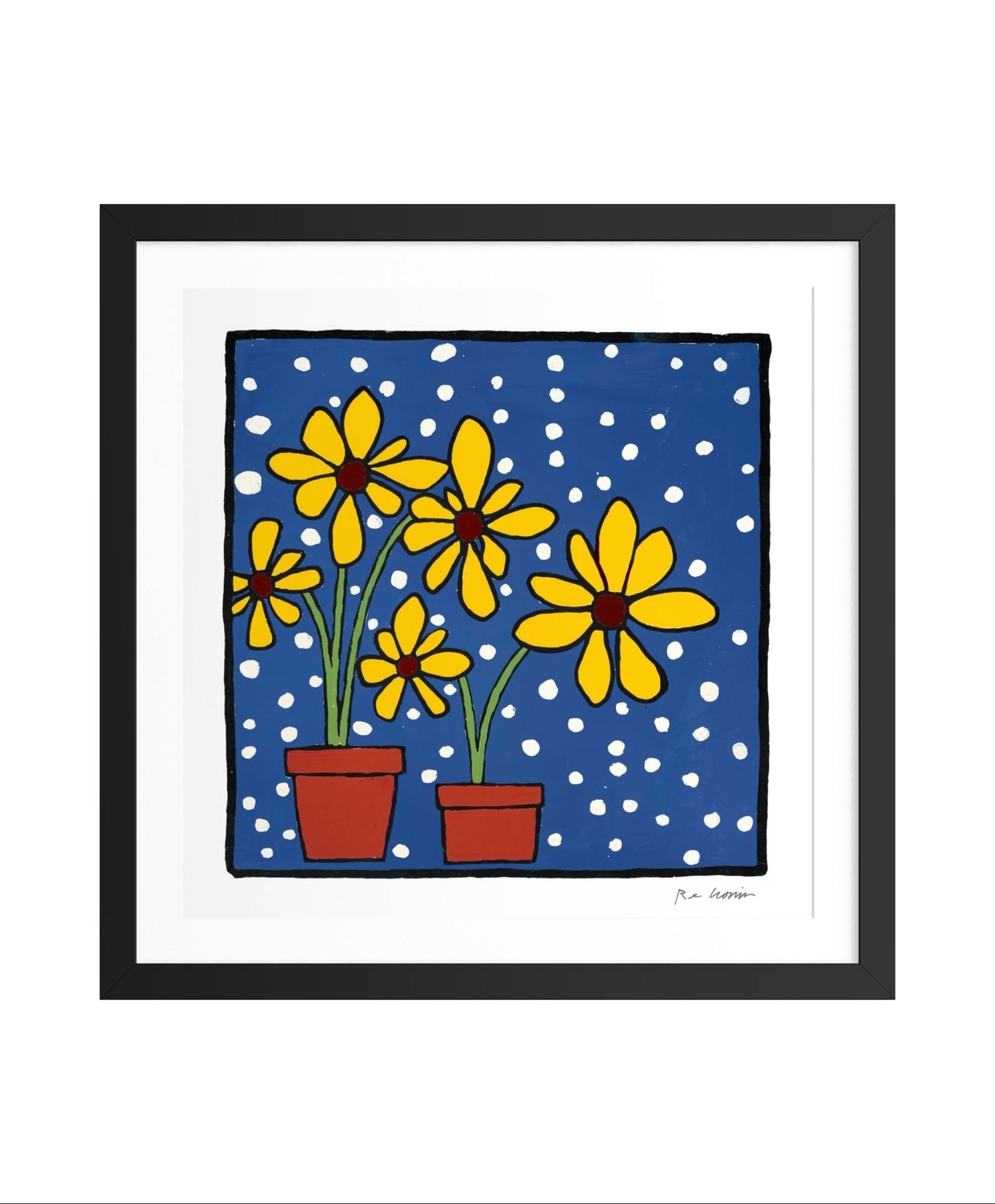 Framed artwork of yellow Daisies in planter pots on a blue background with white dots