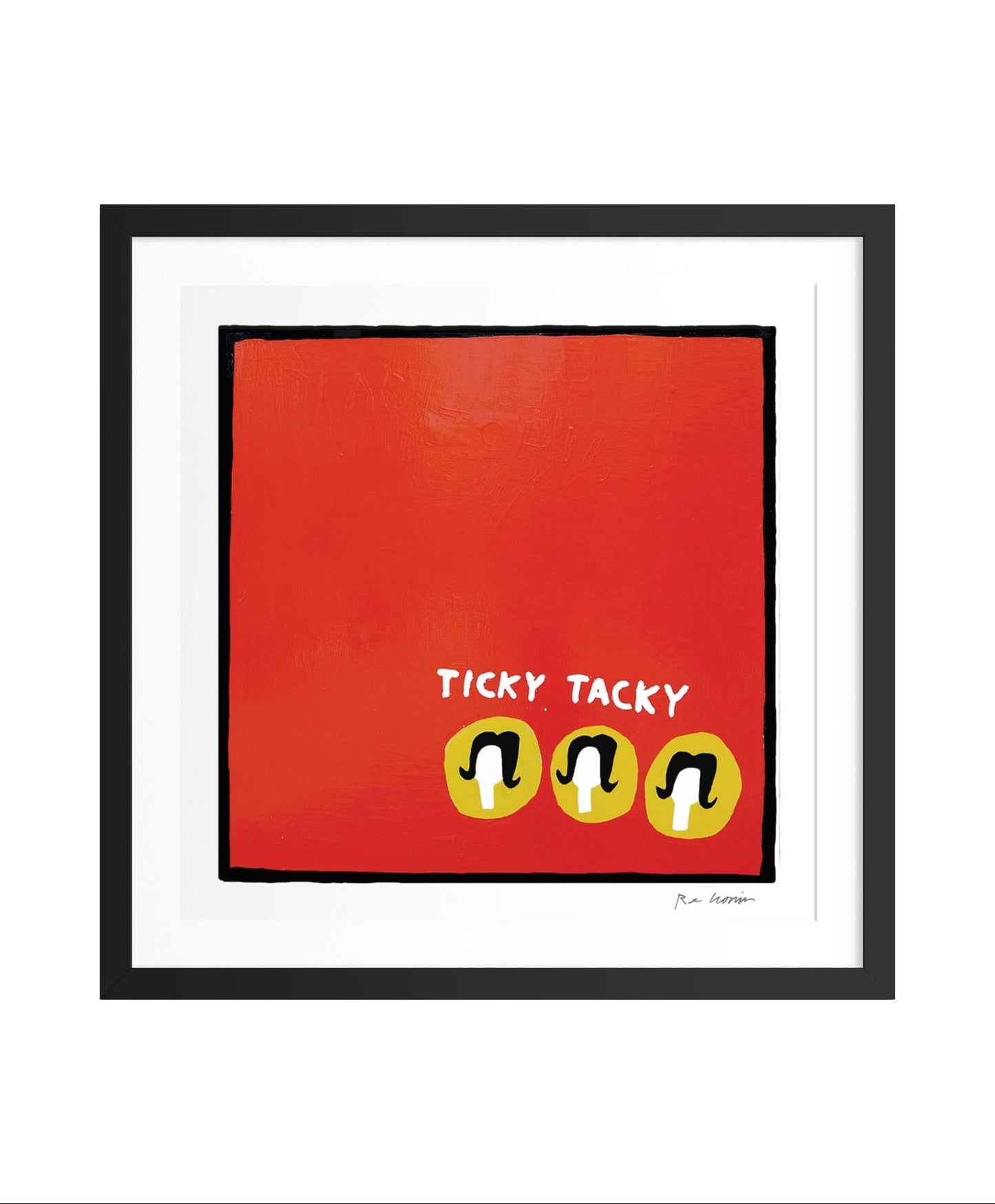 Framed artwork with 'Ticky Tacky' text and smiley face symbols on a red background.