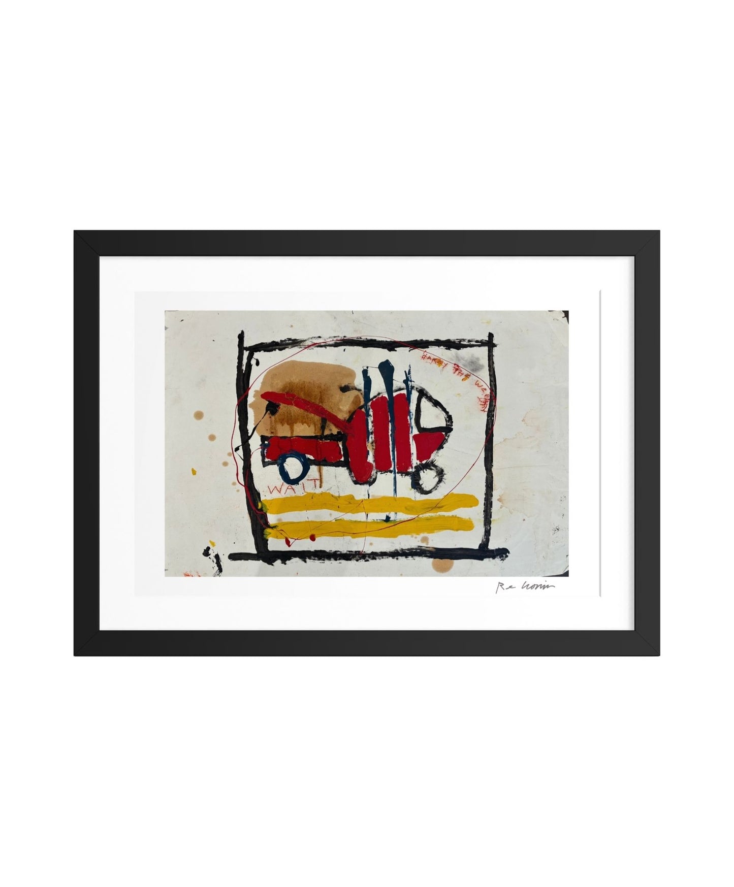 Framed abstract artwork with a red and yellow design on a white background. - playing with word "wait" and "weight".