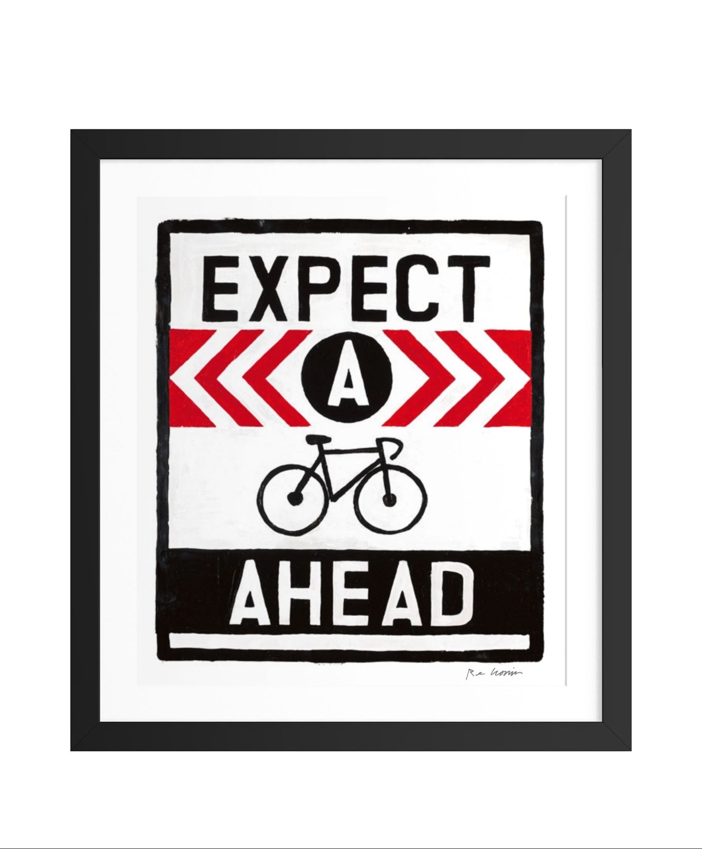 Framed artwork with 'Expect a bike ahead' text and graphic