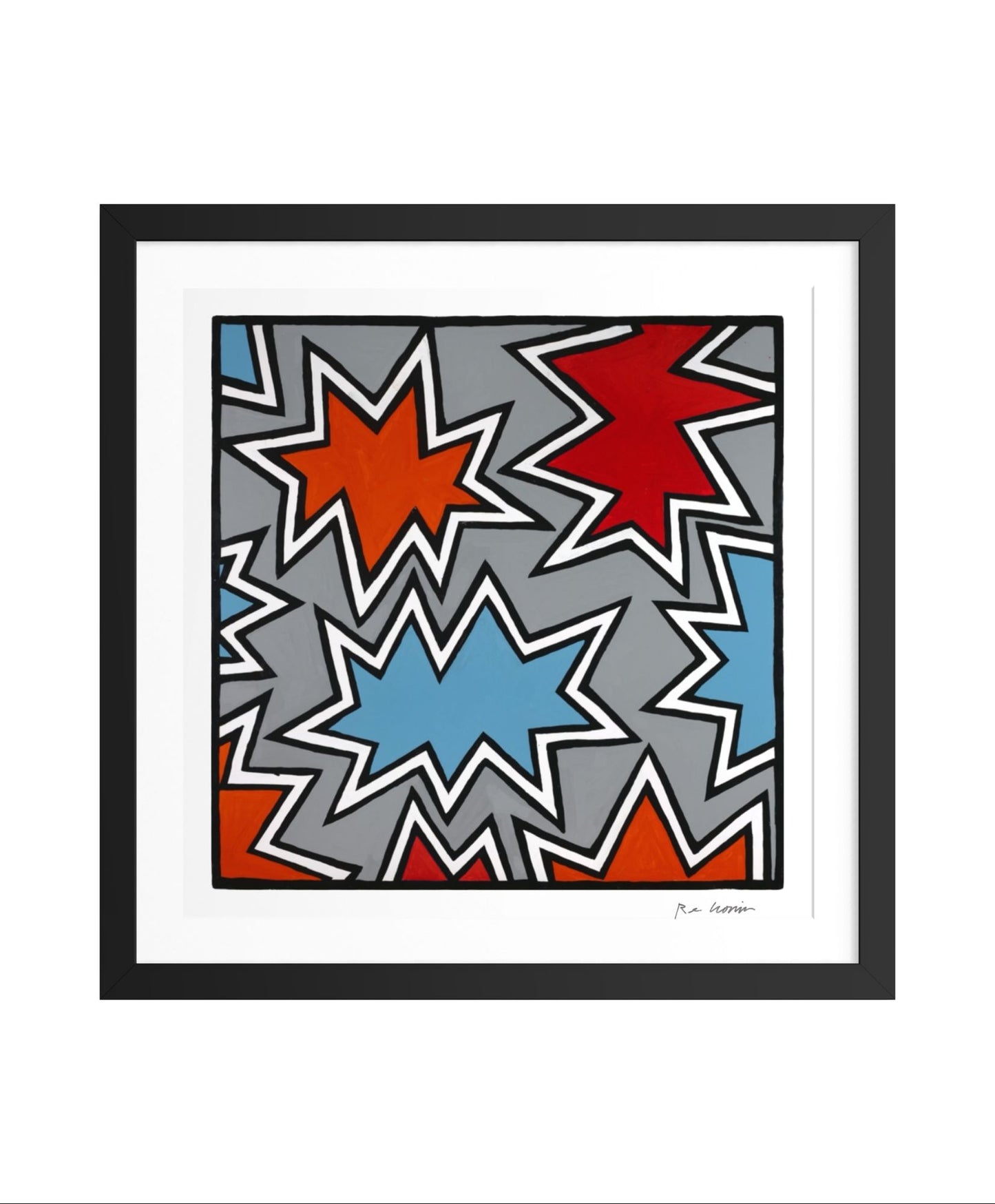 Framed abstract artwork of explosions with red, blue, and gray stars on a white background