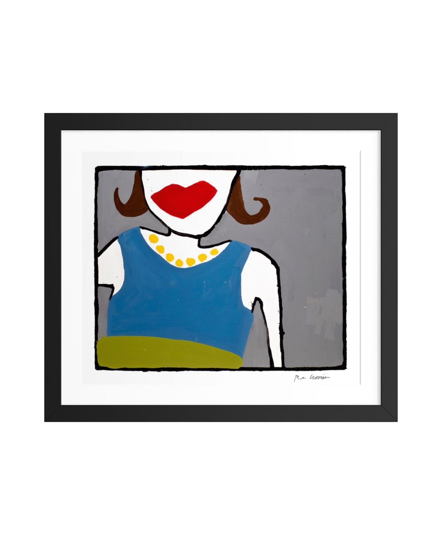 Framed abstract art print with a faceless figure wearing a blue top and red lips on a white background