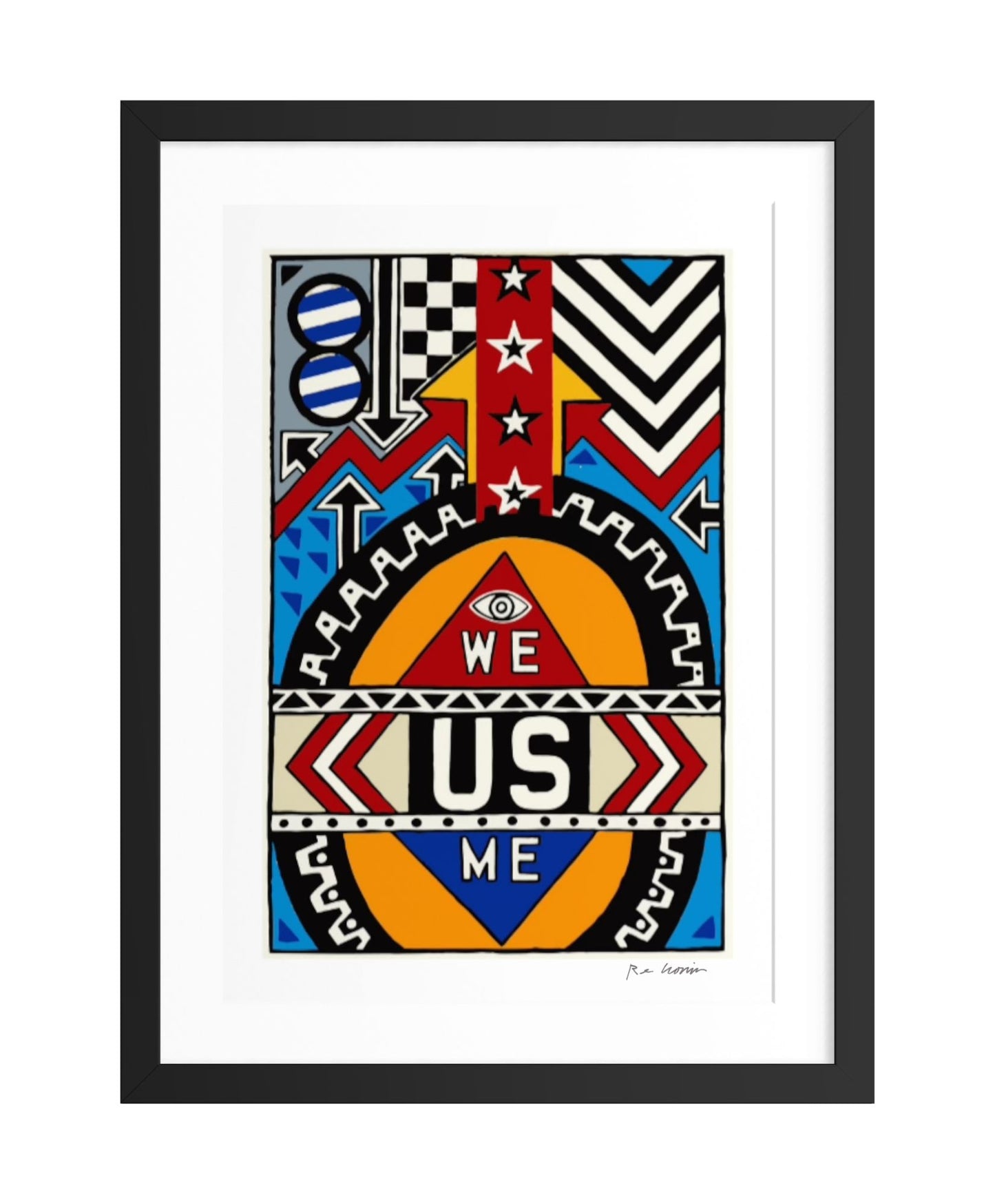 Framed abstract artwork with geometric patterns and text on a white background with the word "Me" "We" and "Us"