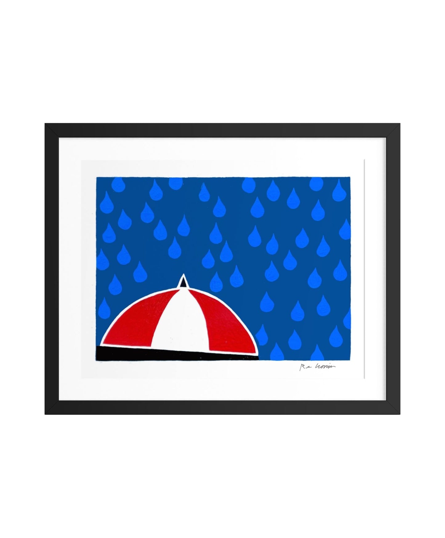 Framed artwork of a red and white umbrella with blue raindrops on a blue background. Part of umbrella on the brain series.