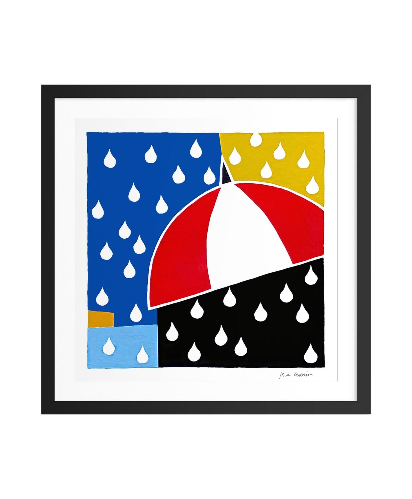 Framed abstract artwork with a colorful umbrella design on a white background. Part of umbrellas on the brain series.