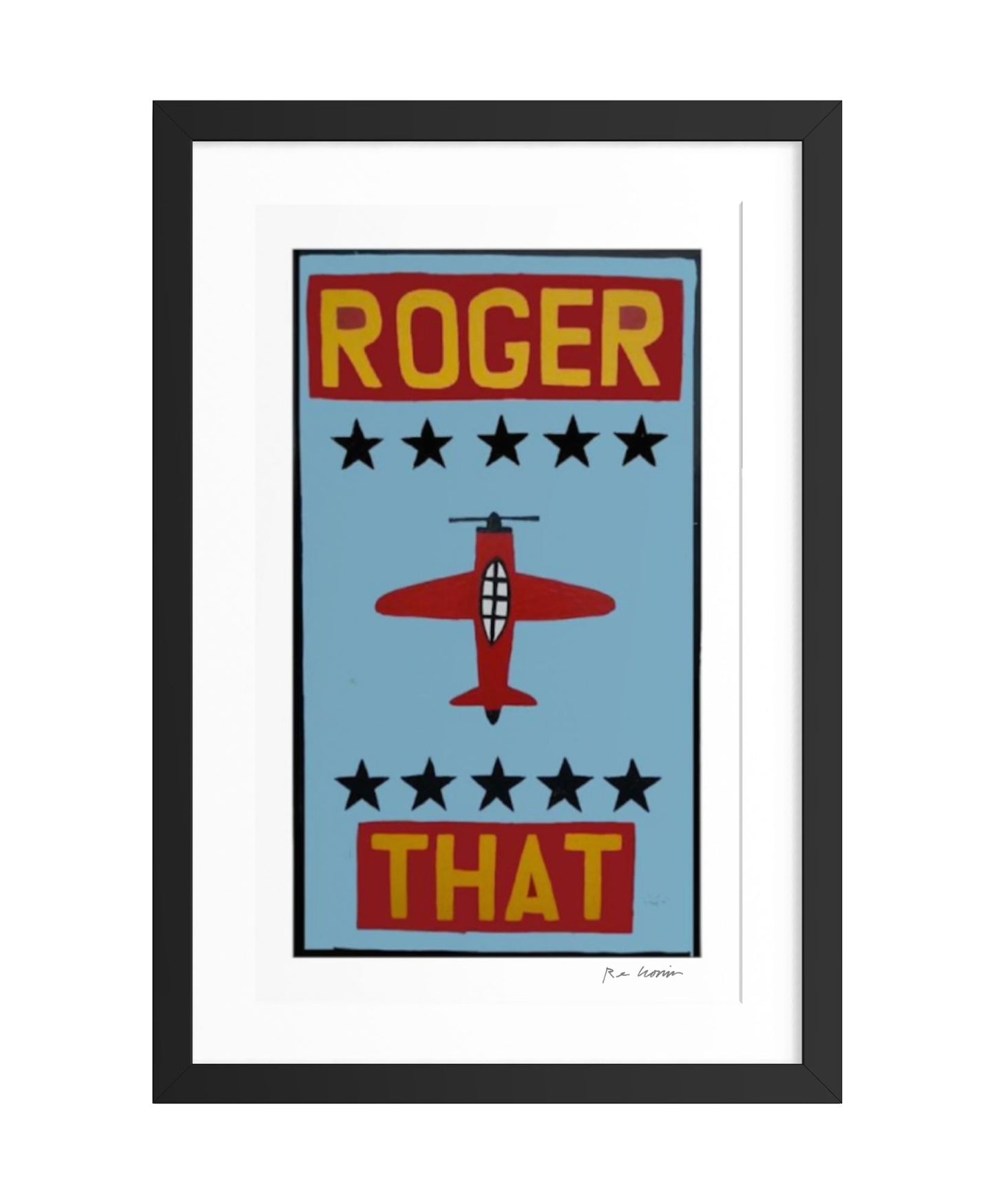 Framed poster with 'Roger That' text and airplane design on a light blue background
