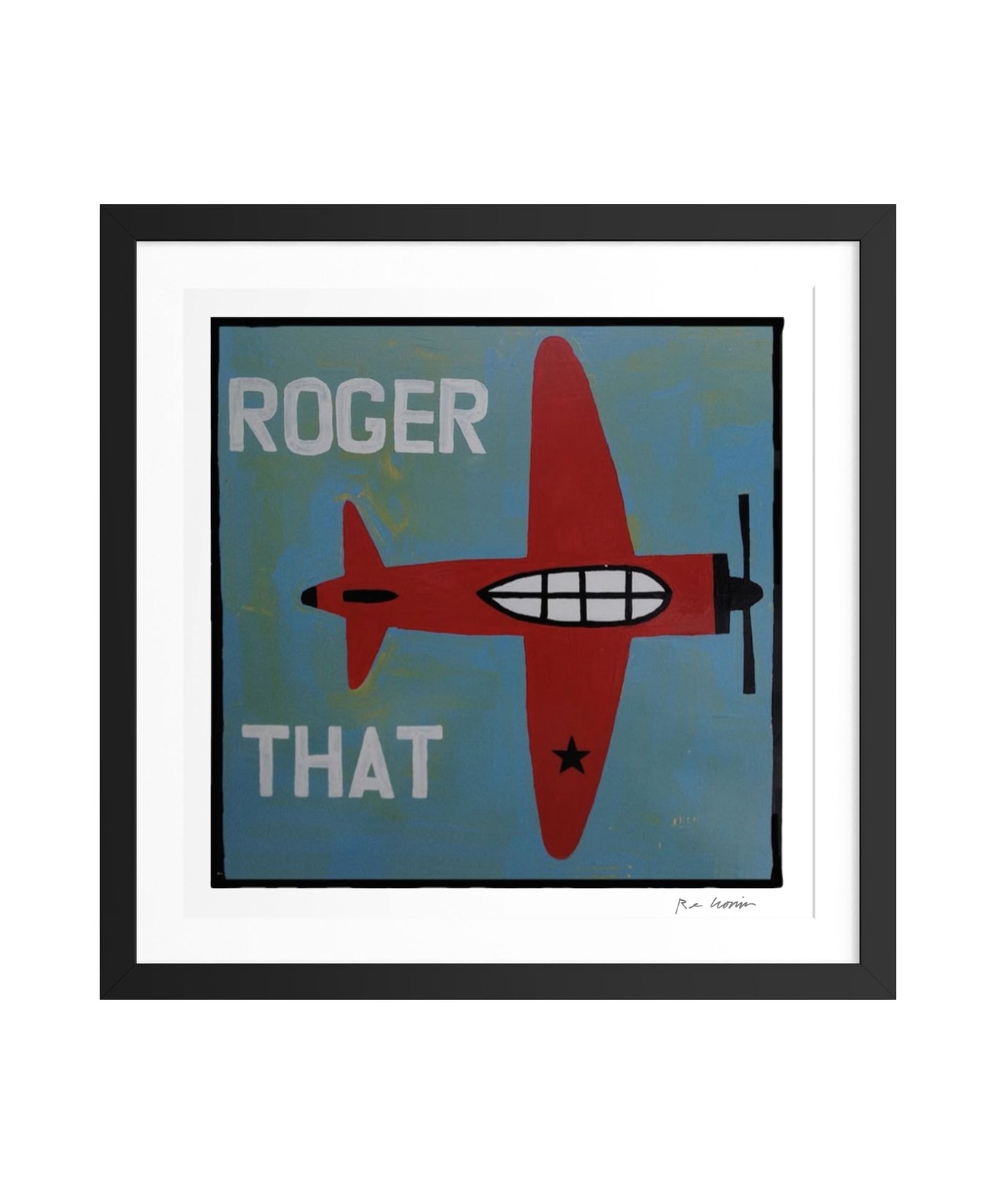 Framed artwork with a red airplane and text 'Roger That' on a blue background. Part of Roger That aviation series.