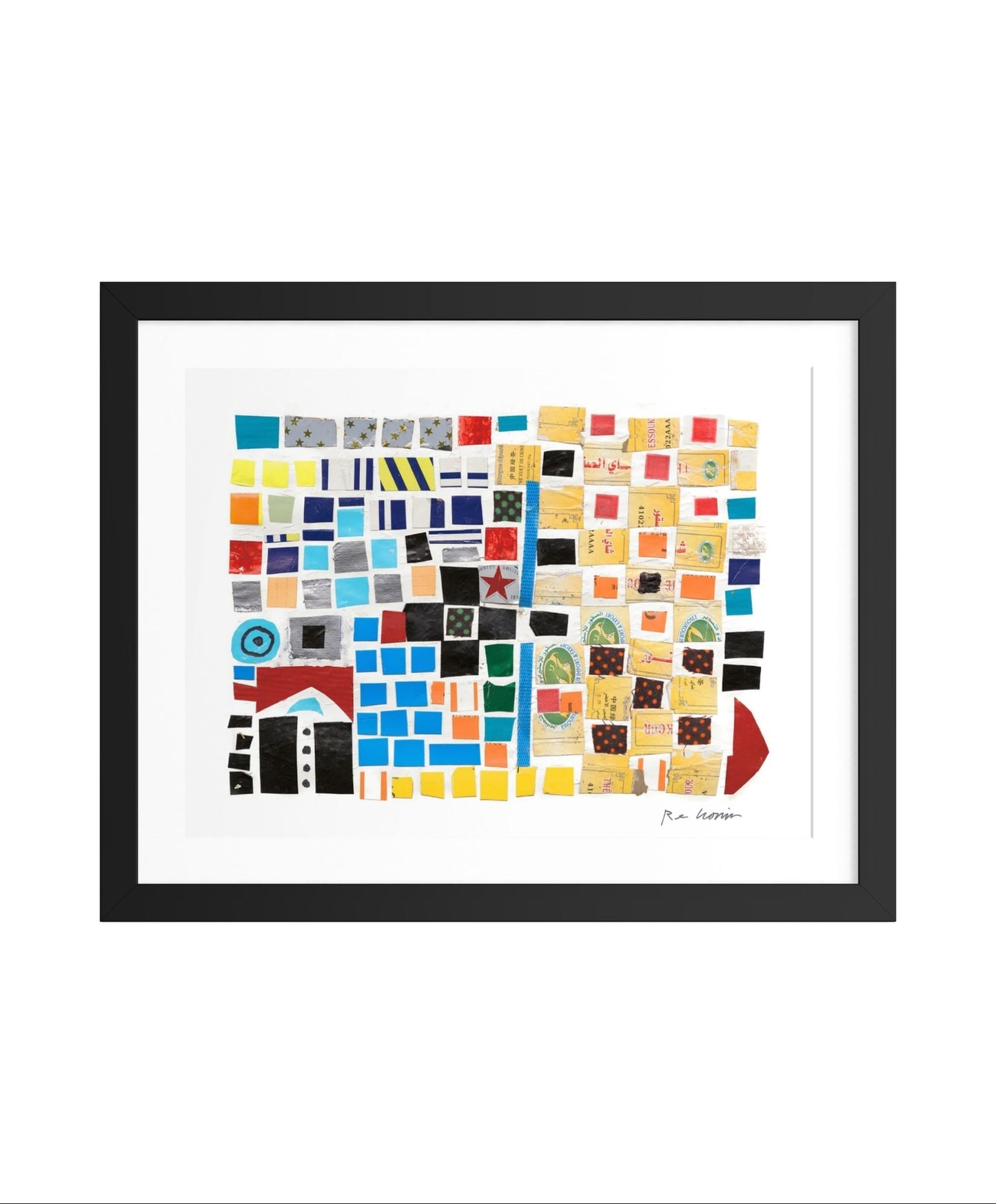 Framed artwork with a colorful abstract design on a white background. Part of a series created during Ryan's artist residency in Senegal through the Josef and Anni Albers Foundation.