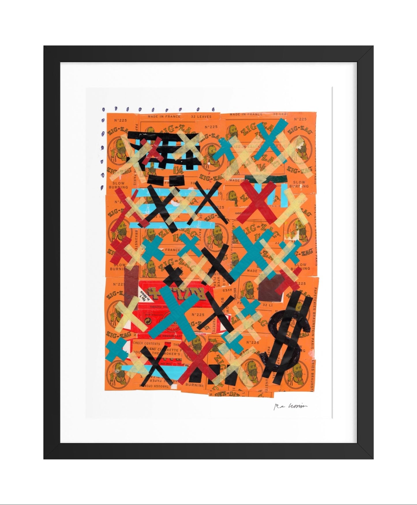 Framed abstract artwork with colorful geometric patterns on an orange background. Part of a series created during Ryan's artist residency in Senegal through the Josef and Anni Albers Foundation.