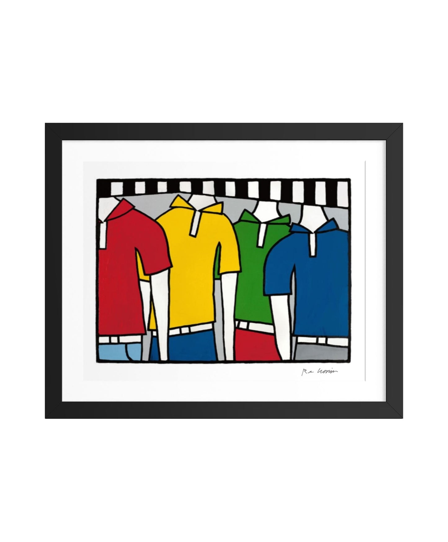 Framed artwork of colorful shirts in Senegalese colors on a rack with a black frame. Created after Ryan returned from his artist residency in Senegal.
