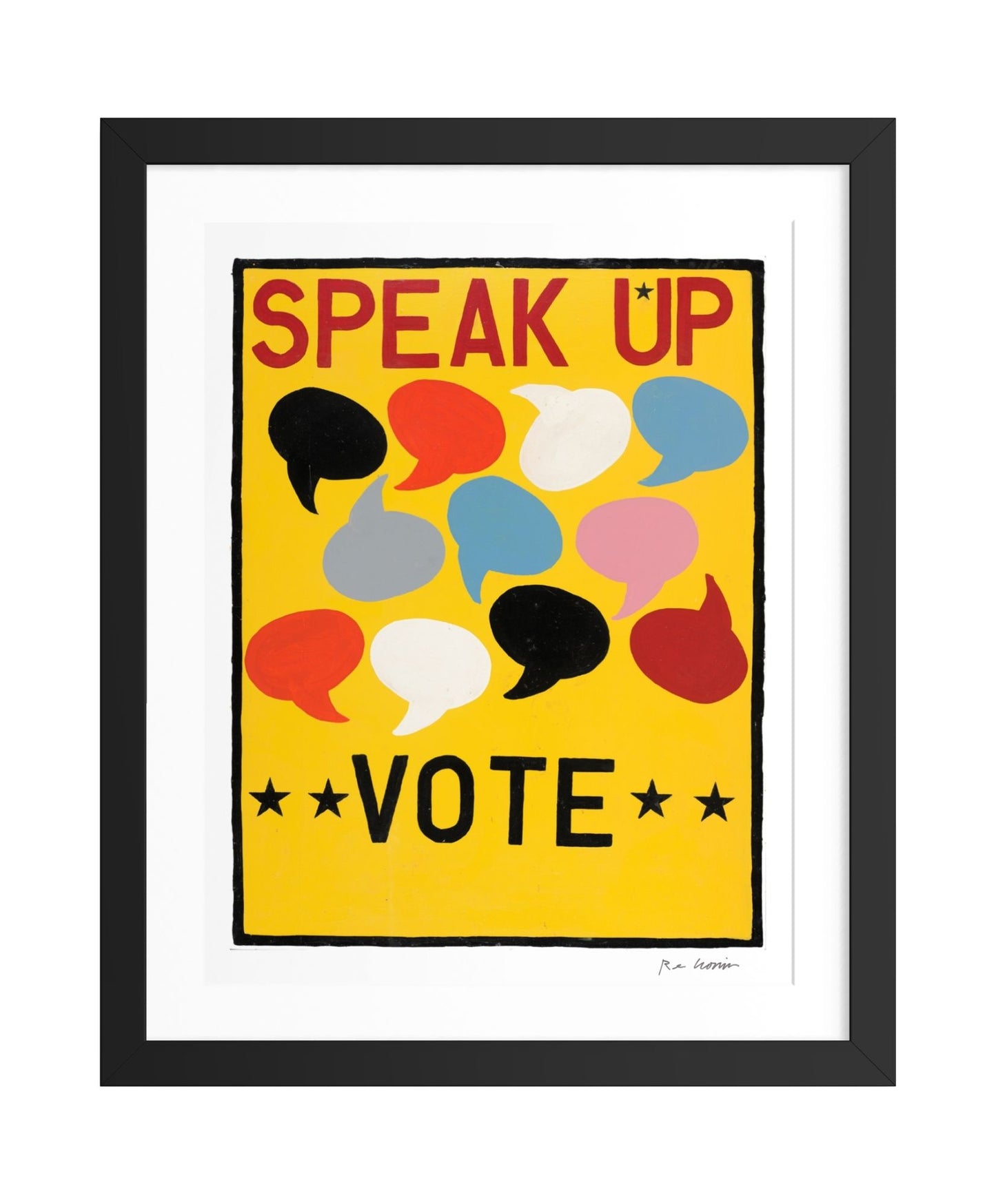 Framed poster with colorful speech bubbles and text 'SPEAK UP VOTE' on a yellow background.