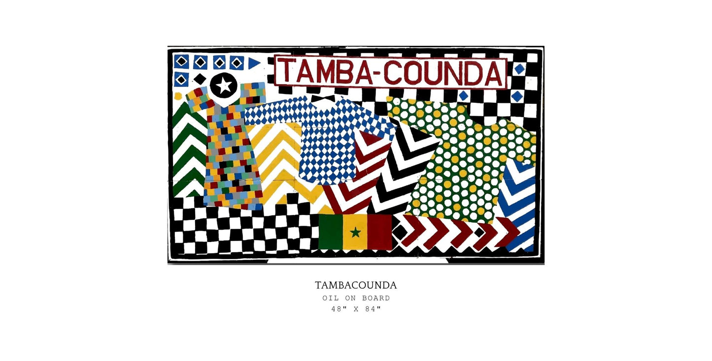 Colorful patterned rug with 'Tamba Counda' branding on a white background