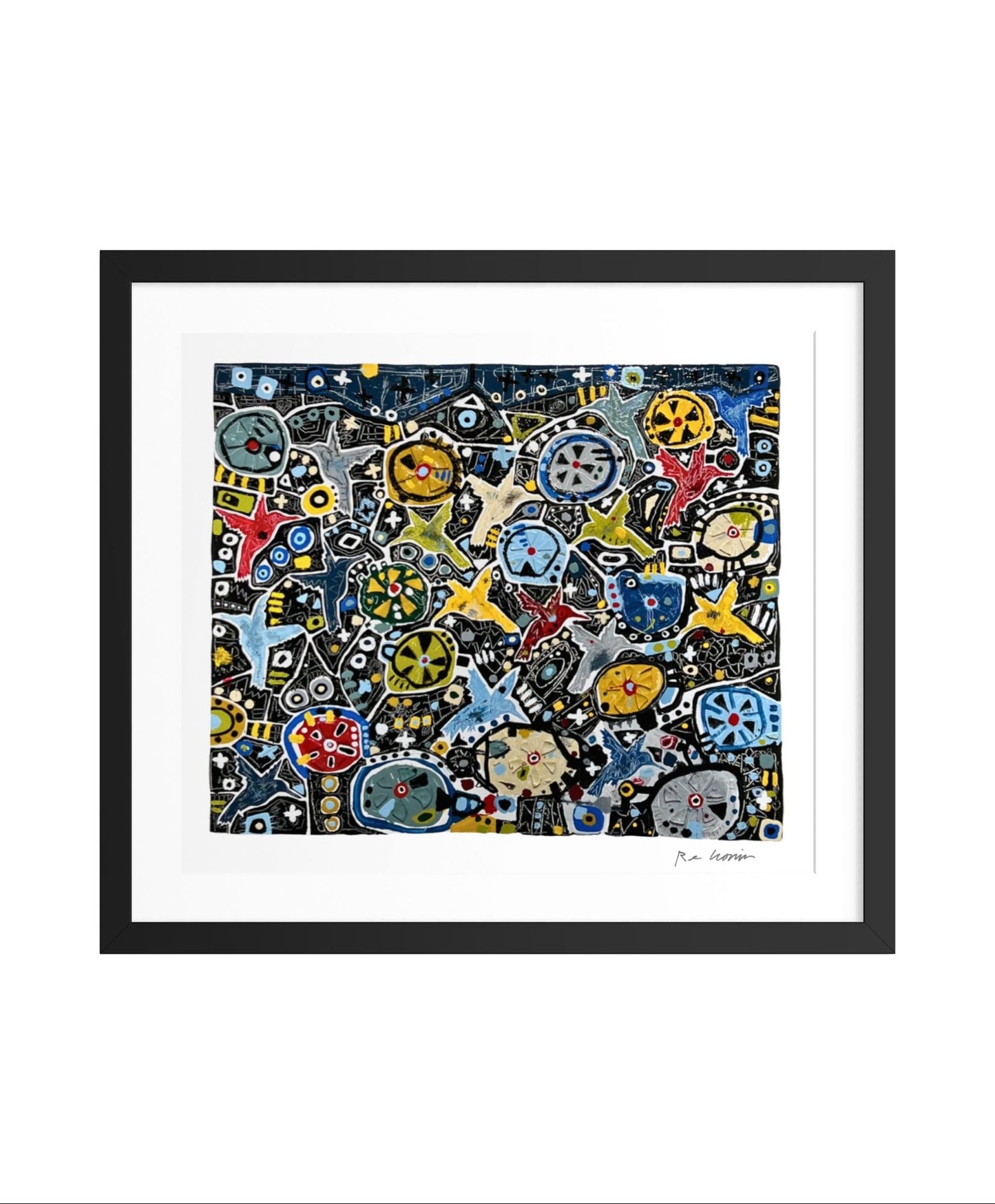 Framed abstract artwork of hummingbirds feeding on flowers with colorful geometric shapes on a white background evoking movement