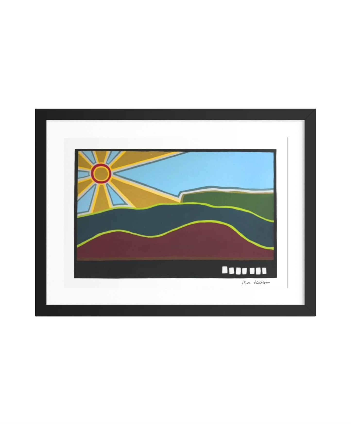Framed abstract artwork of the Shawangunk Ridge (aka "The Gunks" with a sun and landscape design on a white background