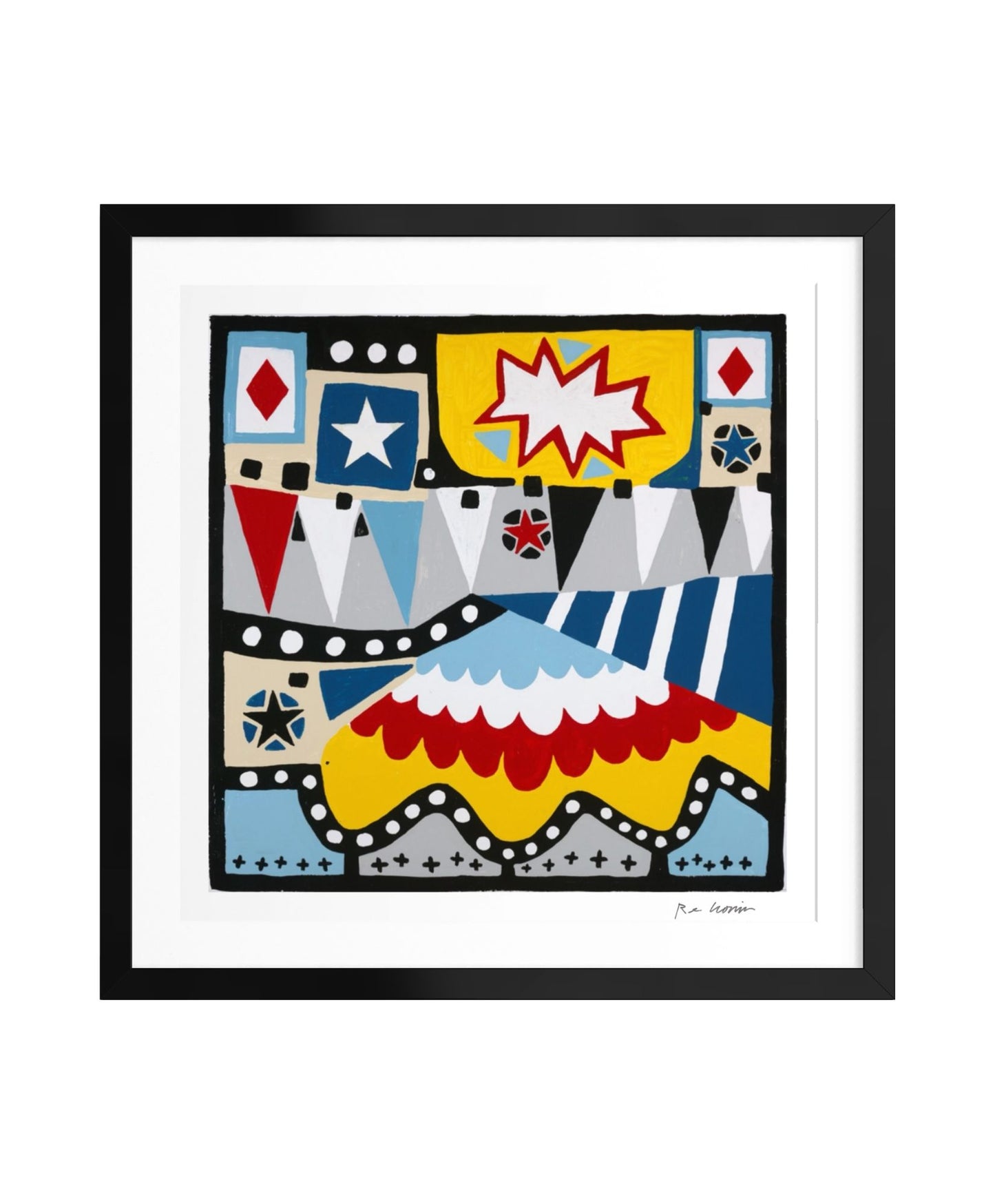 Framed abstract artwork with colorful geometric shapes on a white background; bold, direct, and a little wistful