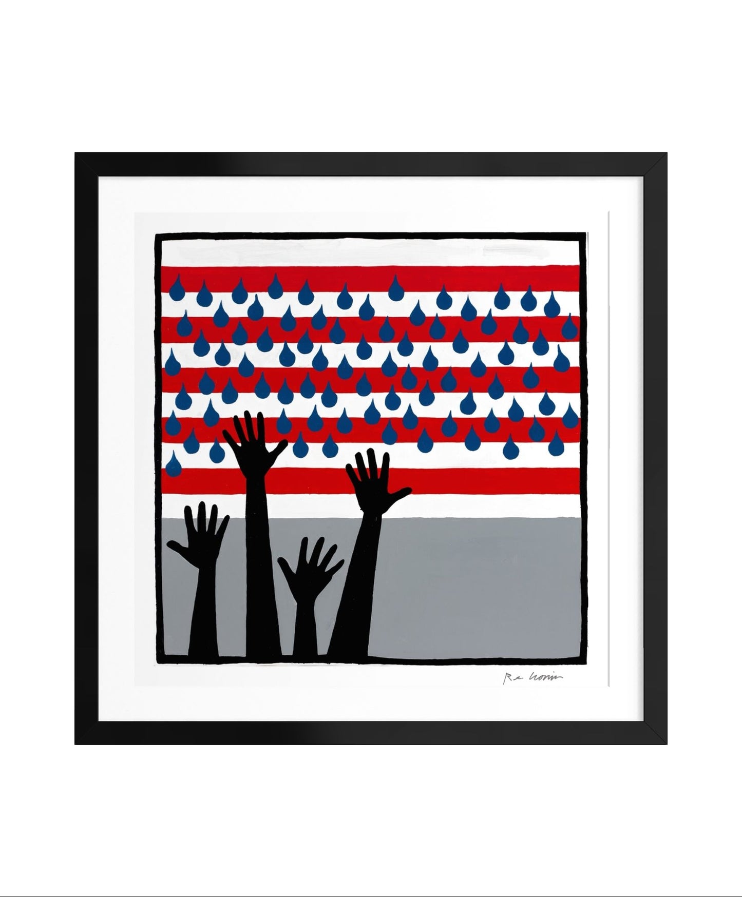 Framed artwork with abstract design of hands and colorful pattern against the American flag, evoking freedom and the power of voting,