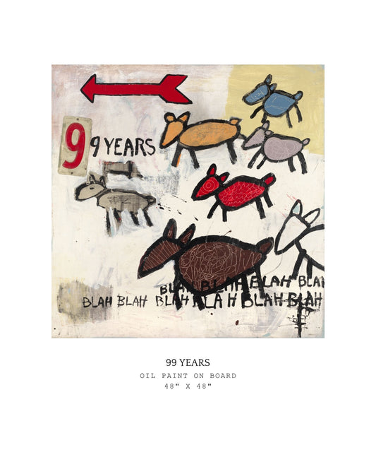 Abstract artwork with animals and text on a textured surface with 99 years and blah blah blah in text