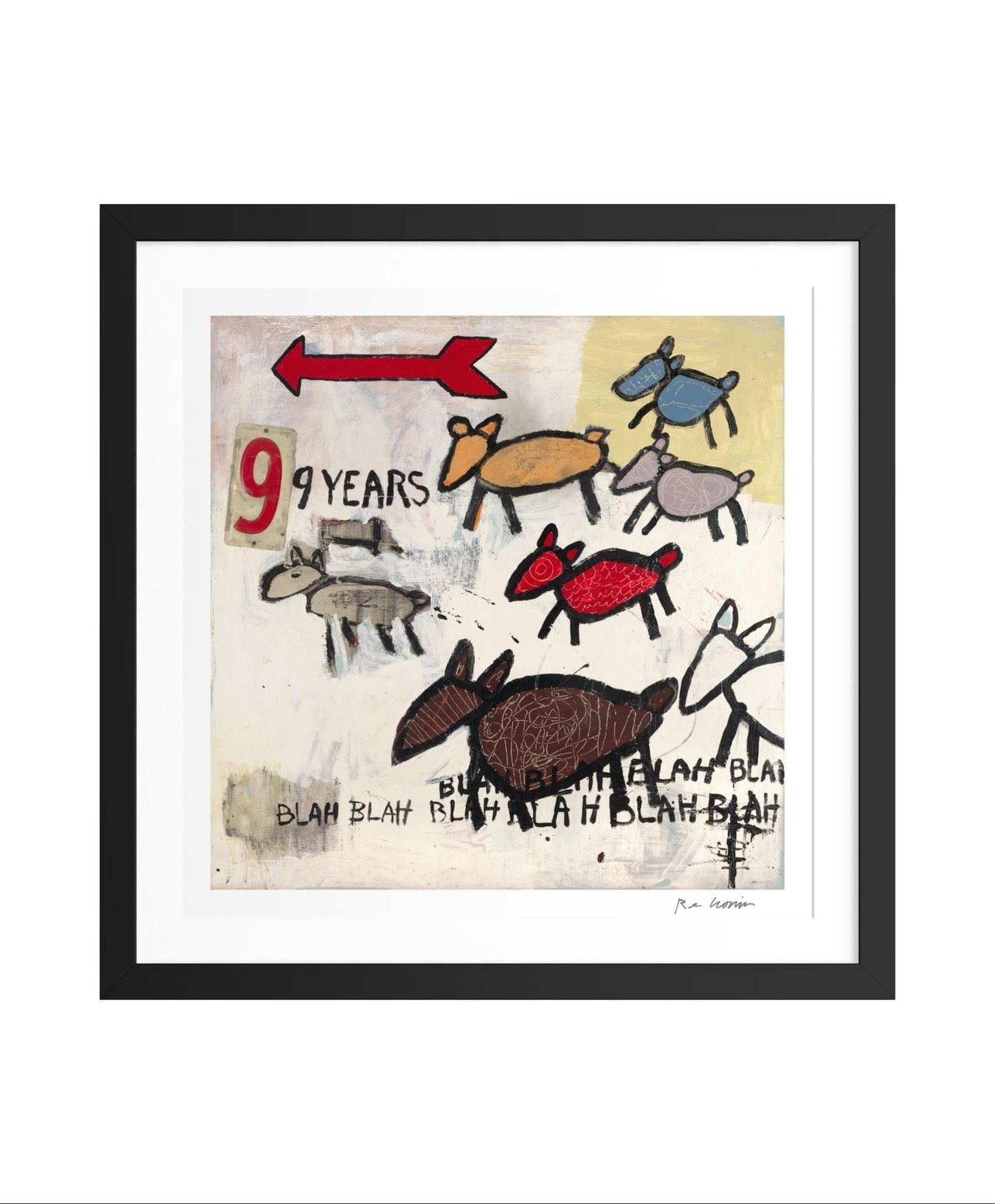 Framed artwork with abstract designs and text on a white background