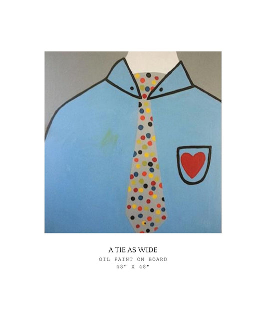 Artistic depiction of a person wearing a colorful tie with a blue shirt and red heart emblem.