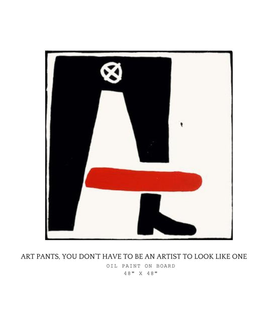 Abstract art piece with black pants, white circle, and red band on a white background
