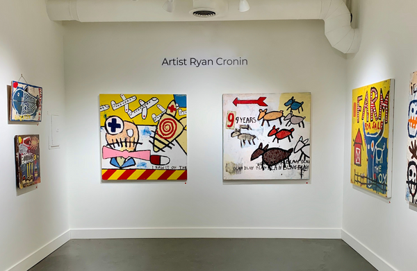 Original paintings by Ryan Cronin featuring bold graphics and iconography at The Cronin Gallery, New Paltz NY
