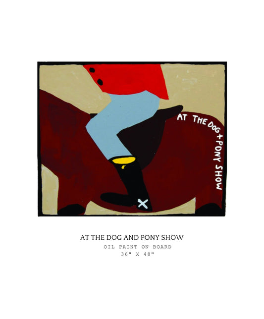 Artistic depiction of a person sitting on a dog with text 'At the Dog and Pony Show' on a white background