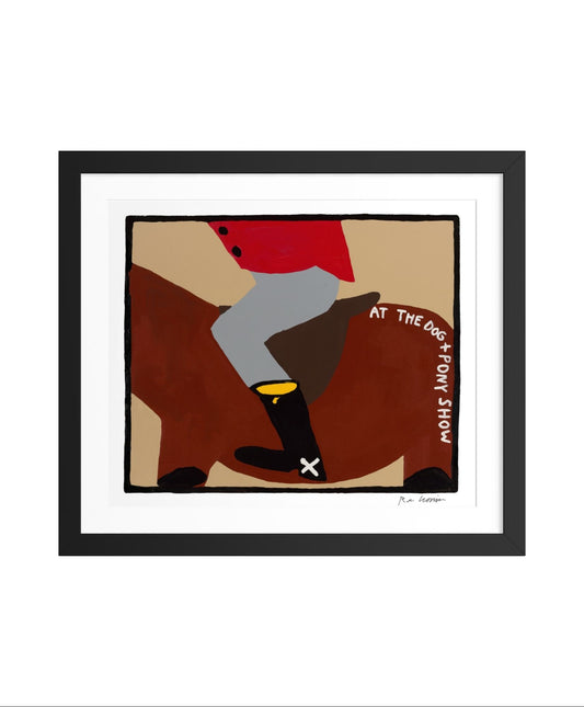 Framed artwork of a person sitting on a dog with text 'At the Dog Fermy Show' on a beige background.