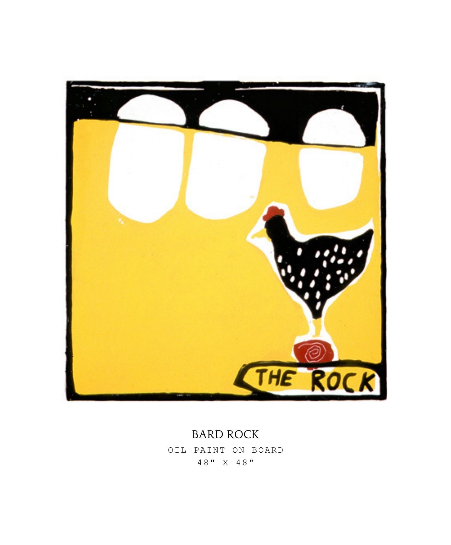 Artistic depiction of a chicken with 'The Rock' text on a yellow background