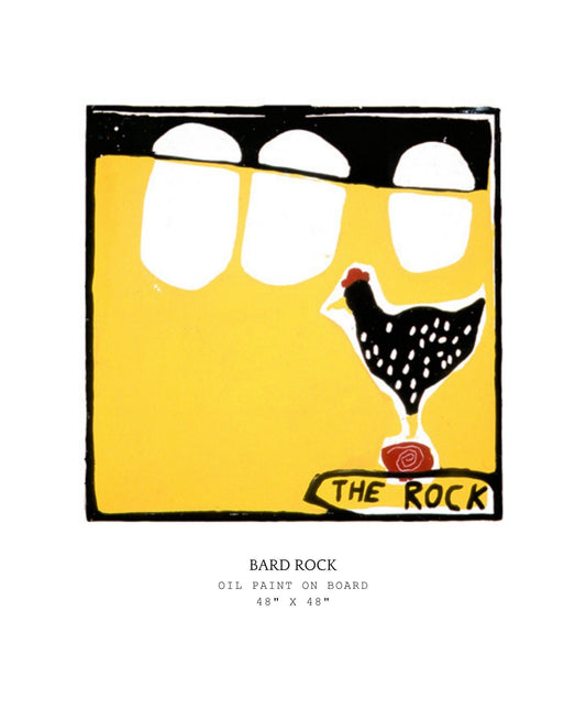Artistic depiction of a chicken with 'The Rock' text on a yellow background
