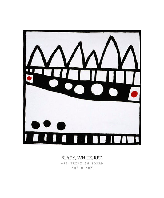 Abstract art piece with black, white, and red on a white background