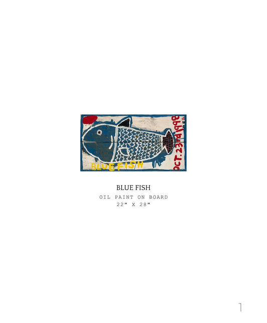 Painting of a blue fish with text on a white background