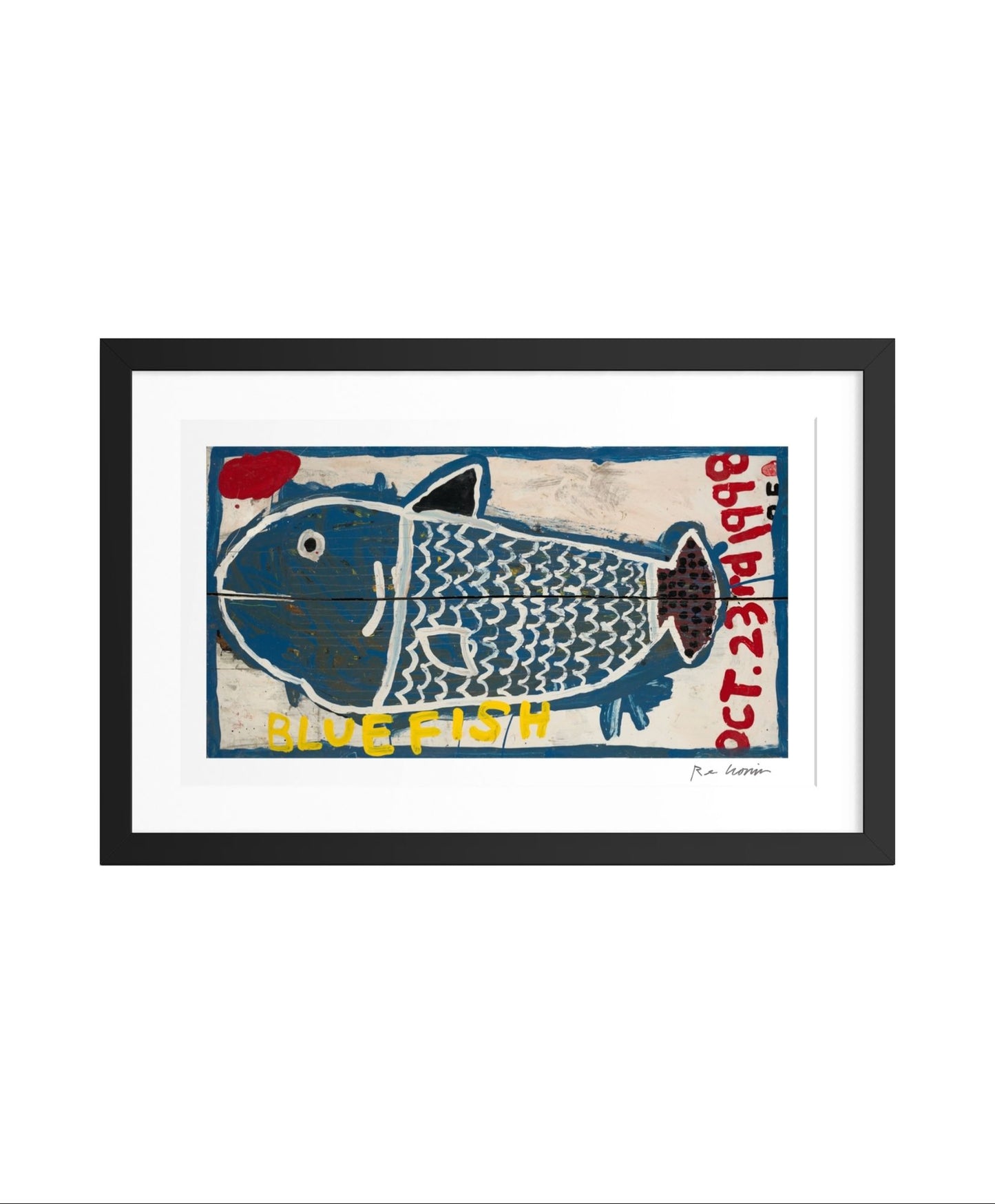 Framed artwork of a blue fish with text on a white background