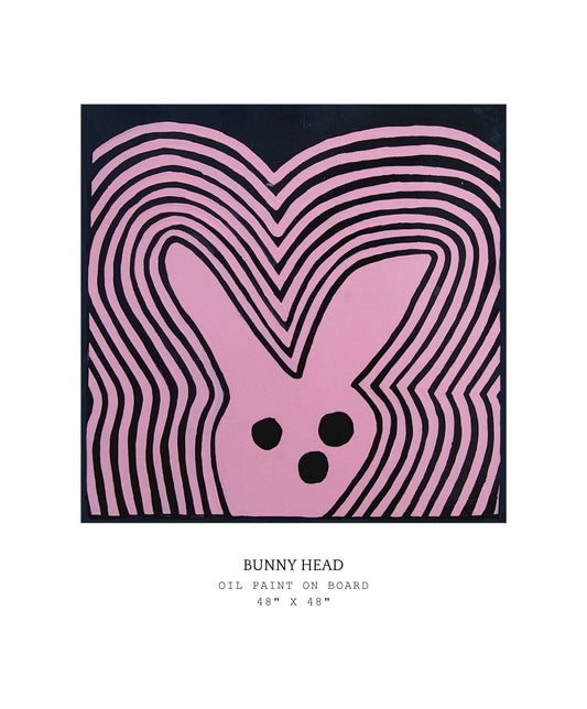 Artistic depiction of a bunny head with pink and black wavy lines on a black background.