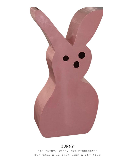 Wooden bunny sculpture with oil paint and fiberglass on a white background
