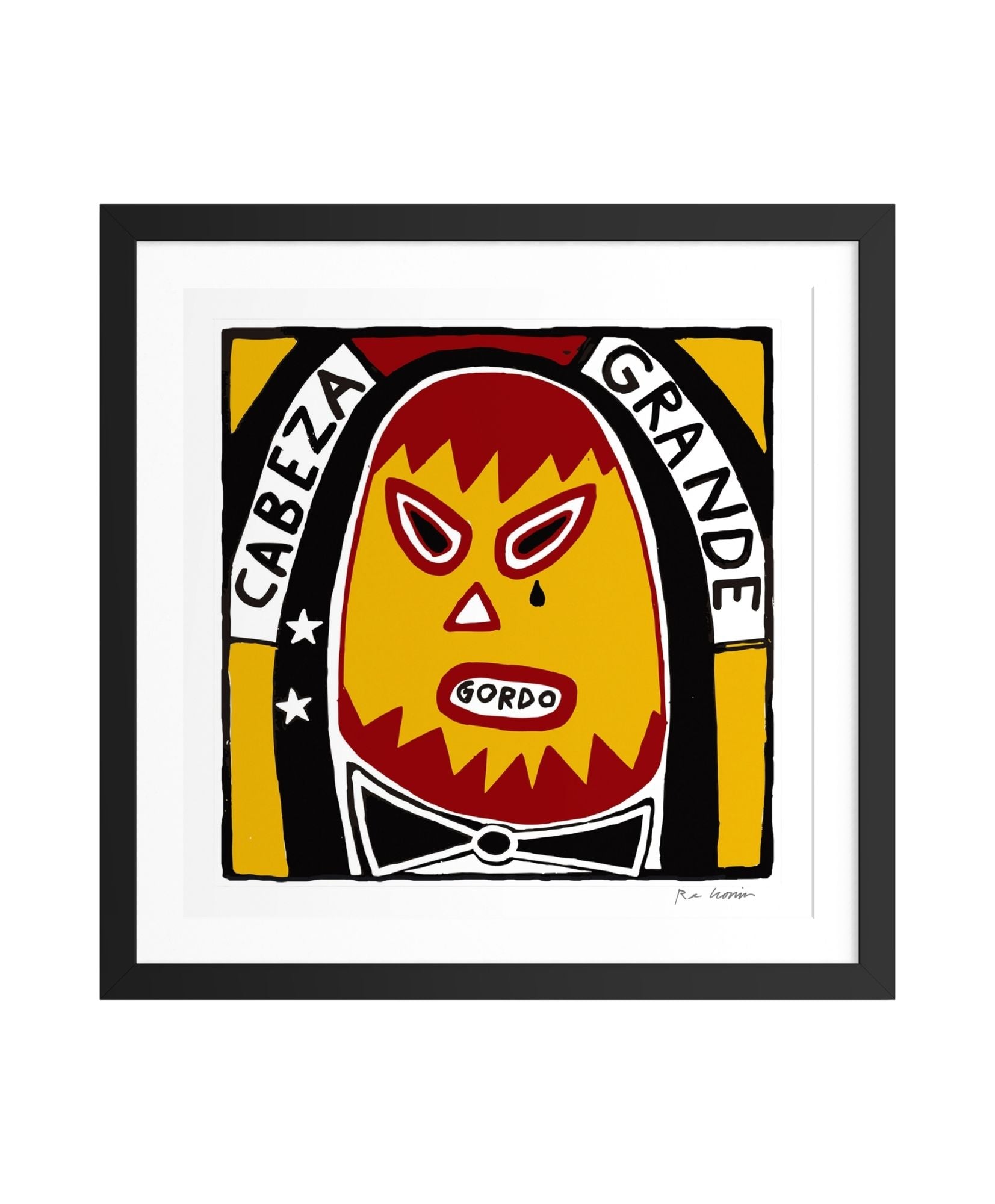 Framed artwork of a colorful mask with text 'Cabeza Grande Gordo' big head on a white background