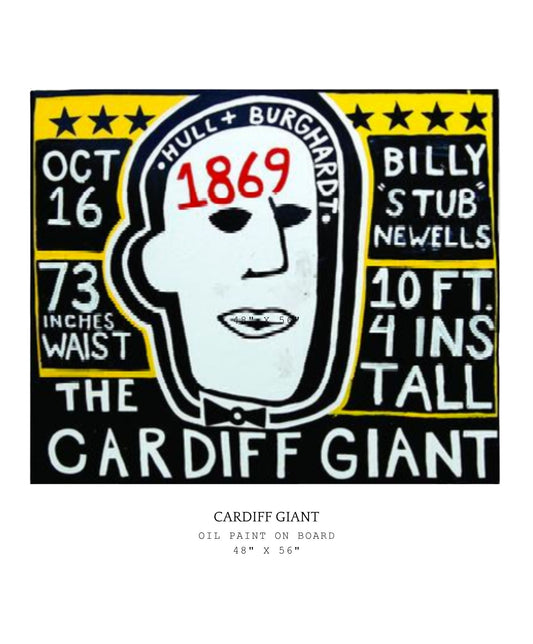 Poster of the Cardiff Giant with text details on a white background