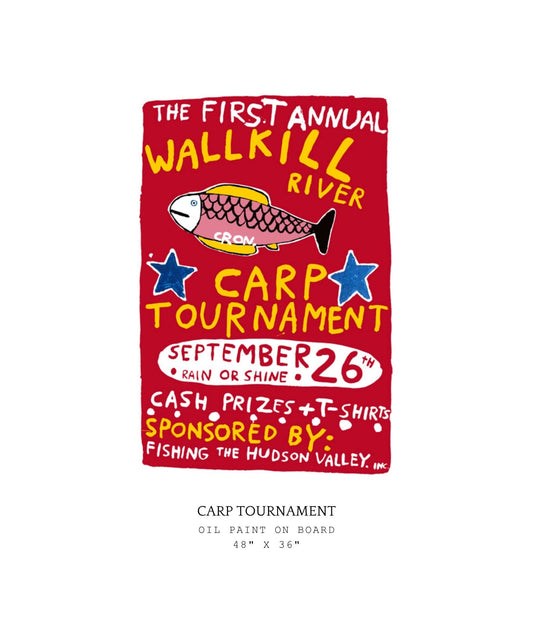 Poster for the First Annual Wallkill River Carp Tournament with a red background and colorful text and fish illustration.