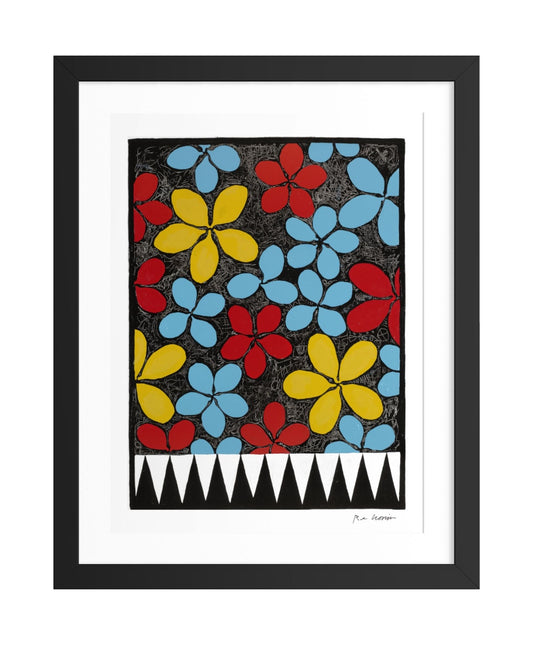 Framed artwork of a cashew tree with colorful floral pattern on a black background