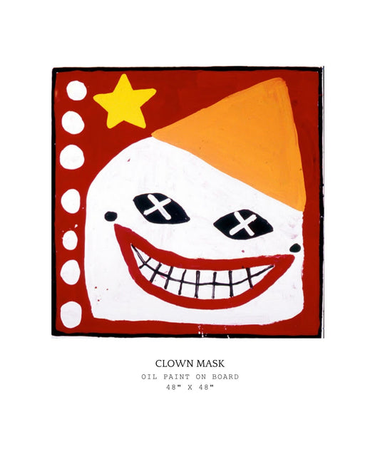 Painting of a clown mask with a yellow star on a red background