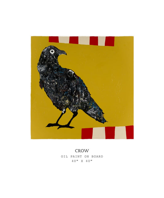 Artistic depiction of a crow on a yellow background with red and white stripes. Part of "Things With Wings" series.
