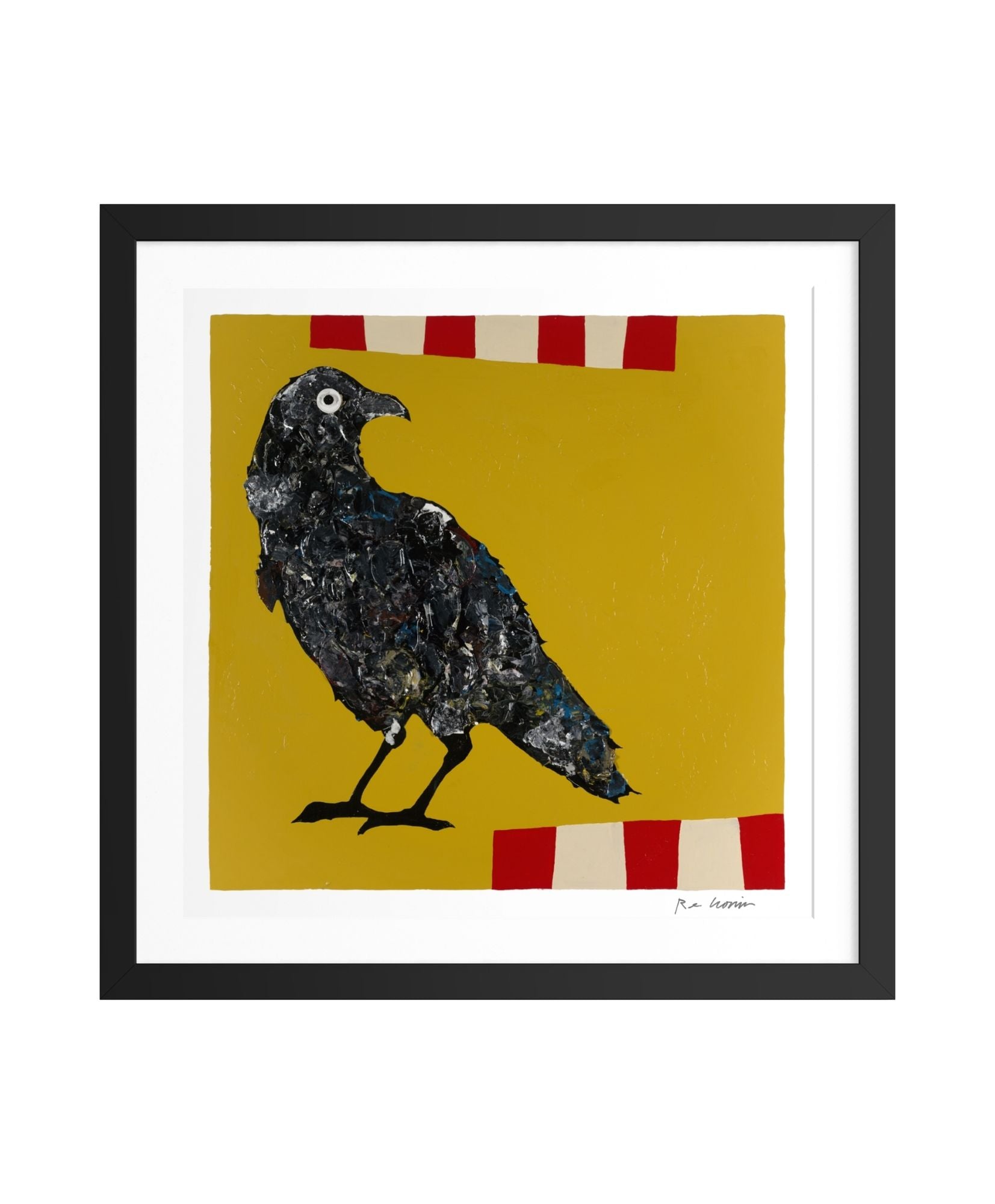 Framed artwork of a crow on a yellow background with red and white stripes. Part of Cronin's "Things With Wings" series.