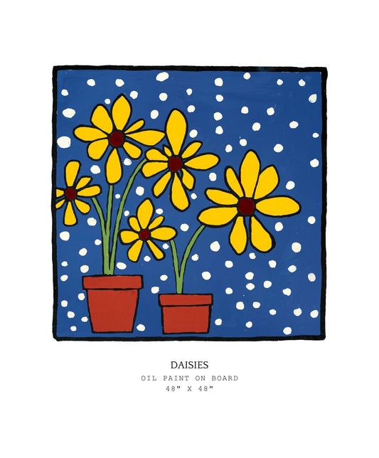 Artistic depiction of yellow daisies in pots on a blue background with white polka dots