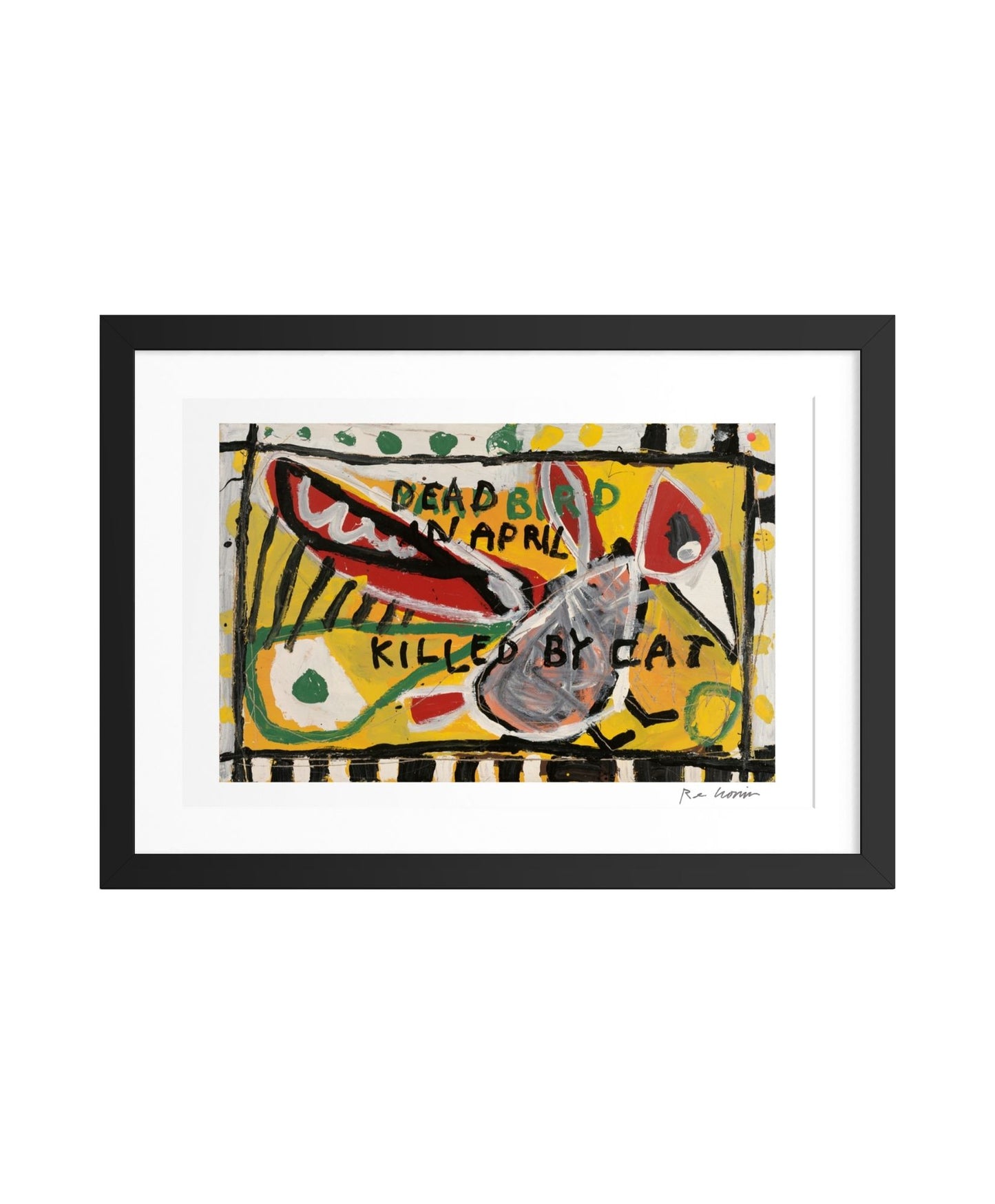 Framed artwork with abstract design and text of a dead bird in April killed by a cat