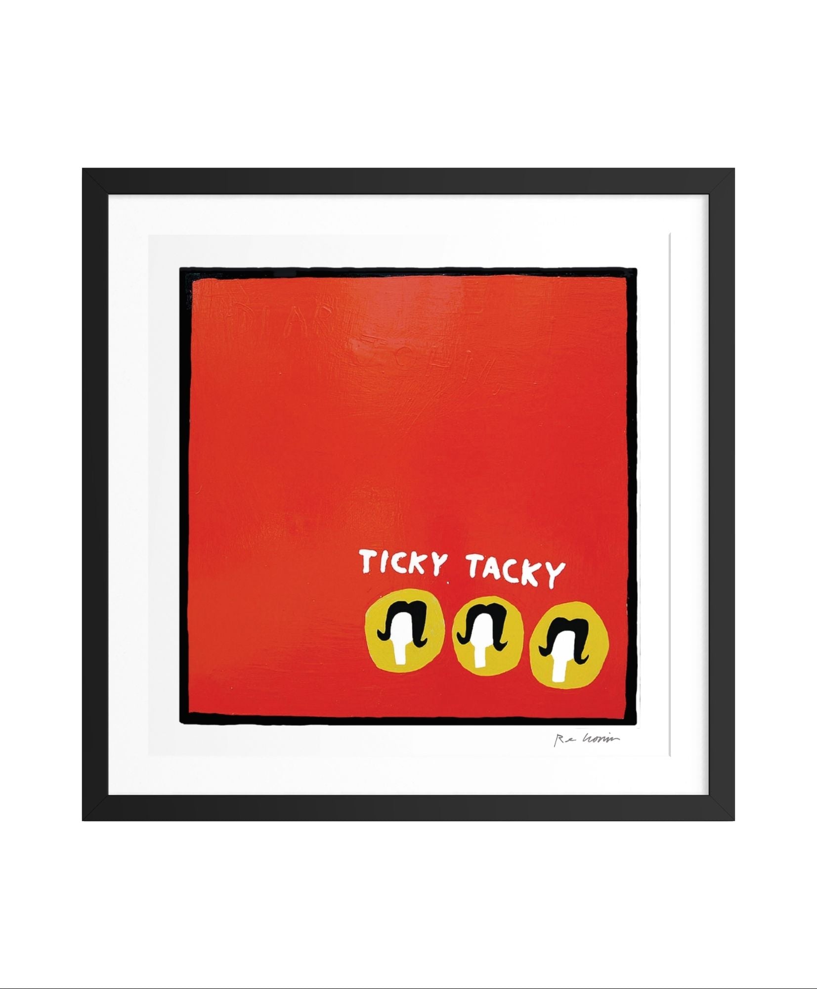 Framed artwork with 'Ticky Tacky' text and smiley face symbols on a red background.