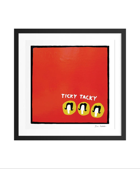 Framed artwork with 'Ticky Tacky' text and smiley face symbols on a red background.