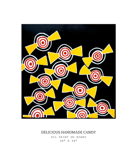 Abstract artwork of colorful candy shapes on a black background with text below.