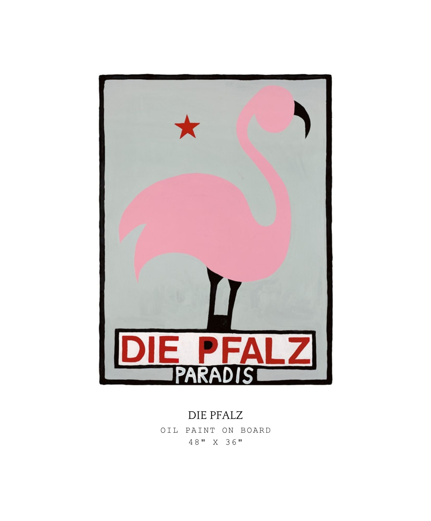 Poster with a pink flamingo and 'Die Pfalz Paradis' text on a gray background