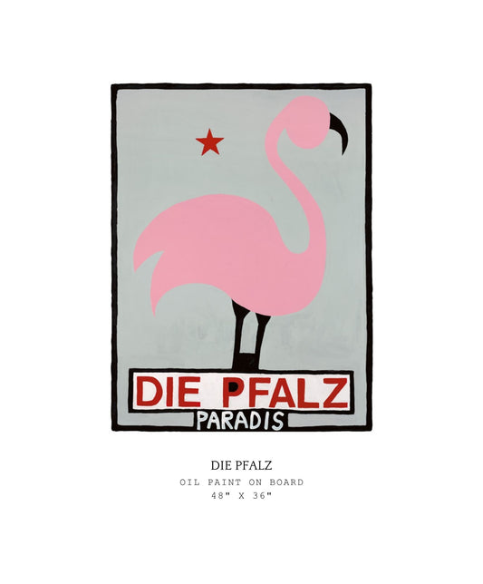 Poster with a pink flamingo and 'Die Pfalz Paradis' text on a gray background