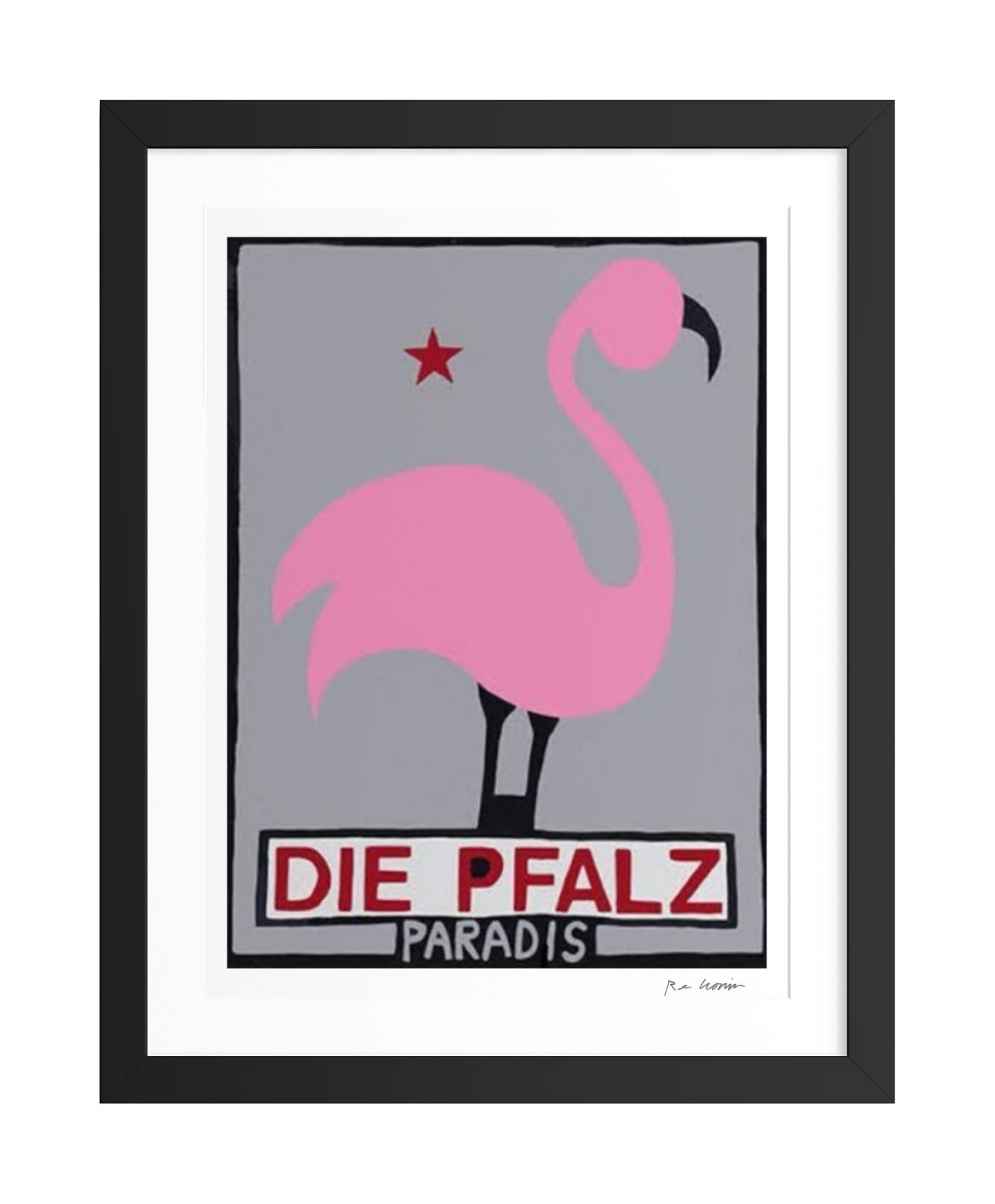 Framed poster with a pink flamingo with Die Pfalz Paradis on a gray background
